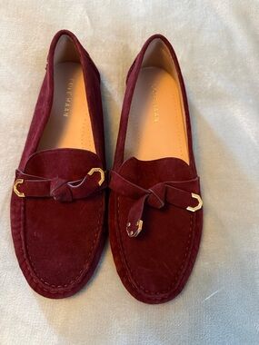 Cole Haan Maroon Suede Knot Loafers with Gold Accents